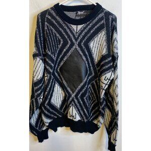 Vintage IMPACT Leather Acrylic Diamond Black White Long Sleeve Sweater MEDIUM